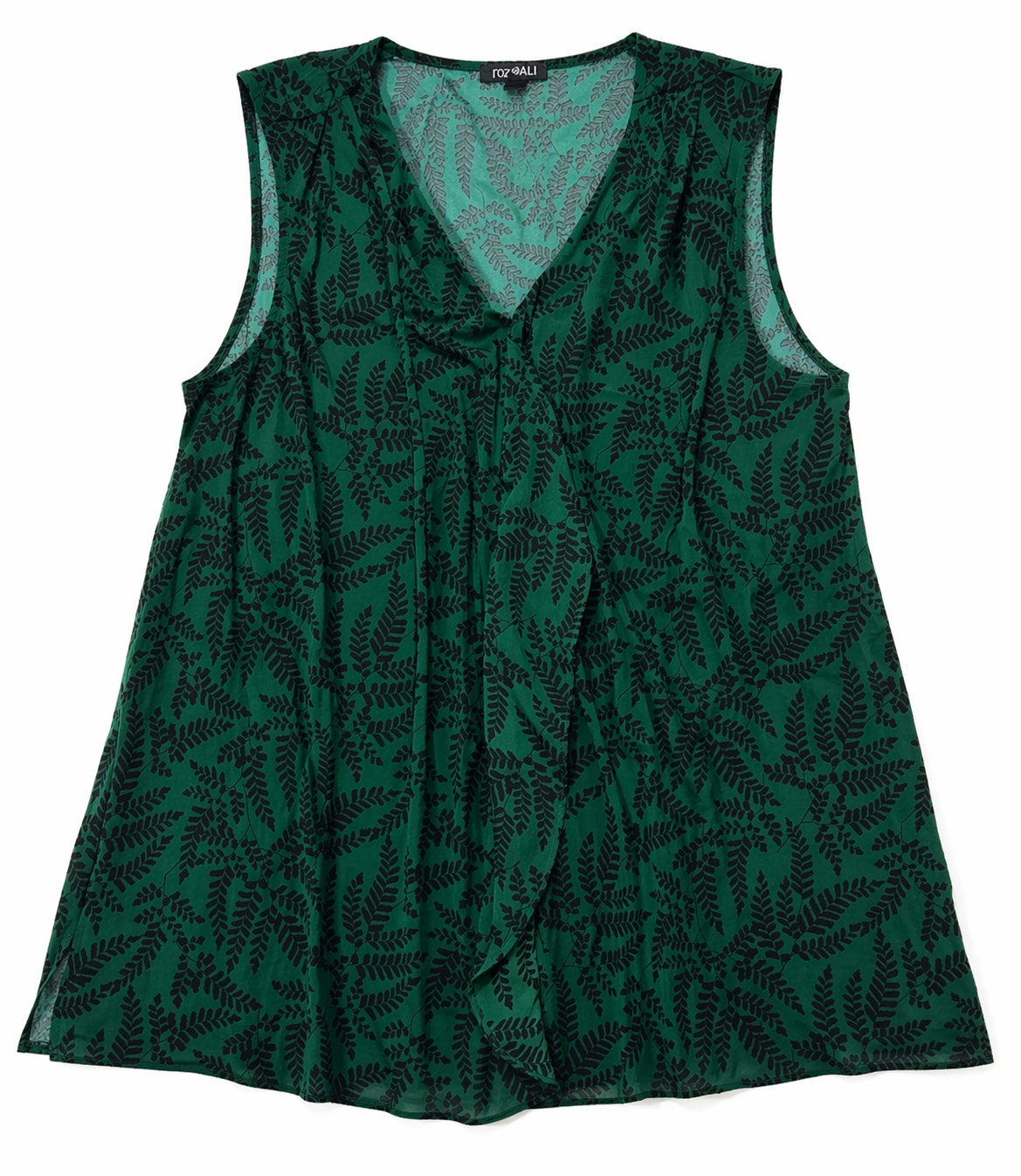 Roz & Ali 2x Plus Green Fern Print Sleeveless Ruffle Chiffon Blouse Tank